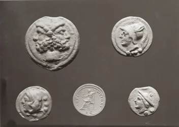 Five coins depicting Janus, Jupiter, Mercury and Minerva, 753 BC-476 AD